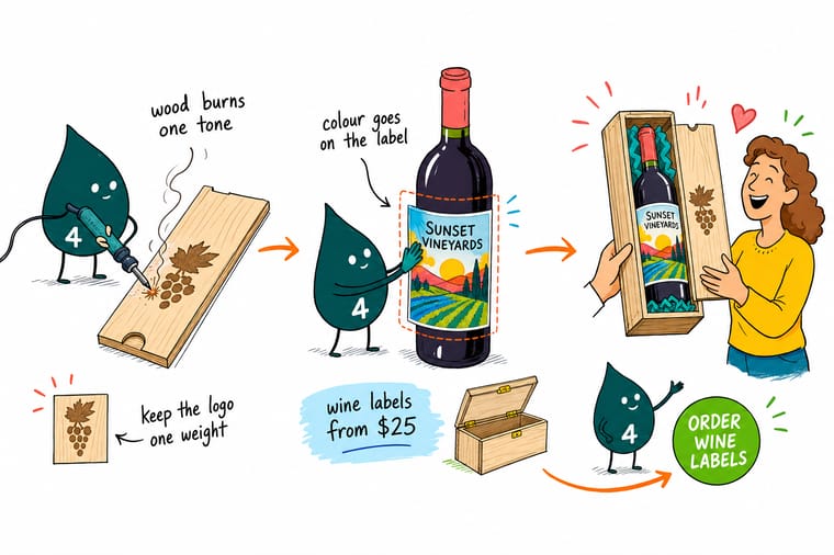 Wally from 4OVER4 comparing an engraved wooden wine box lid with a full colour printed wine box and label
