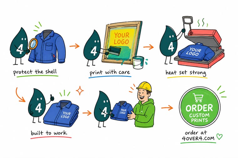 Wally, the 4OVER4 mascot with a 4, holding a tape measure against the chest of a work jacket while a heat press waits behind him