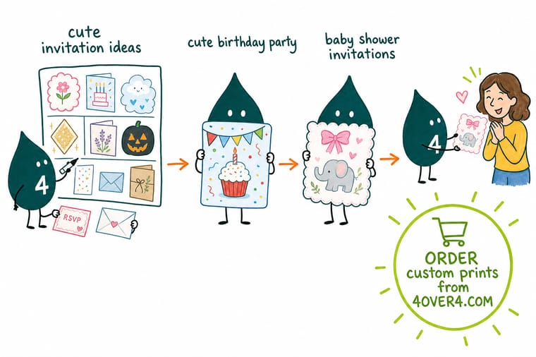 Wally, the 4OVER4 mascot with a 4, matching a pastel baby shower card, a glitter birthday crown card and a folded treasure map invitation to their envelopes