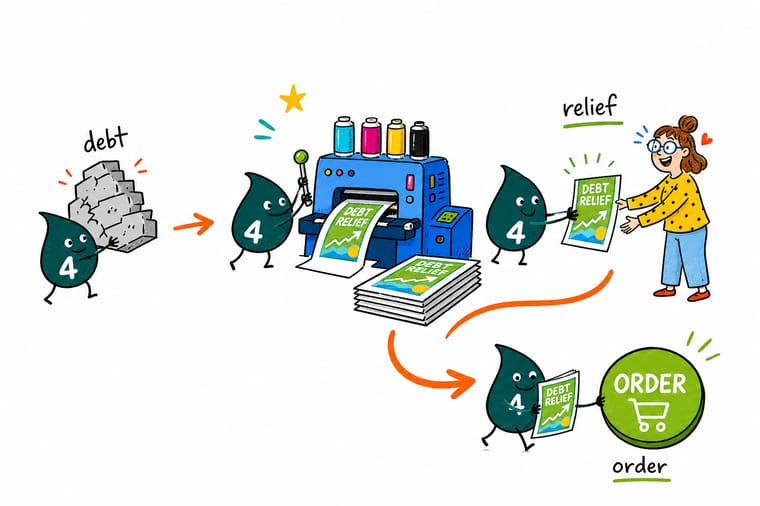 Wally, the 4OVER4 mascot holding a 4, calmly laying out a clear path of stepping stones from a pile of bills toward a bright doorway