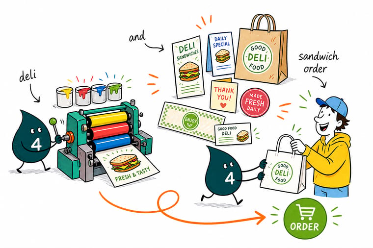 Wally, the 4OVER4 mascot holding a 4, stacking a deli's menu, wrap sticker, window cling, and kraft catering box into one matching print set