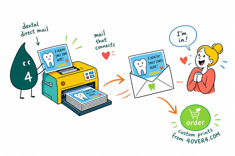 Wally from 4OVER4 sorting a dental new patient postcard and a hygiene recall card into two mailing stacks