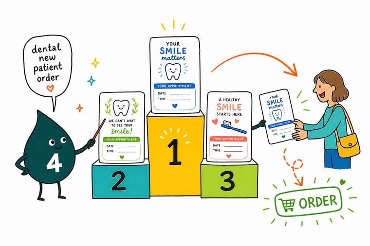 Wally, the 4OVER4 mascot holding a 4, laying out 13 matching dental print pieces into one new-patient welcome pack