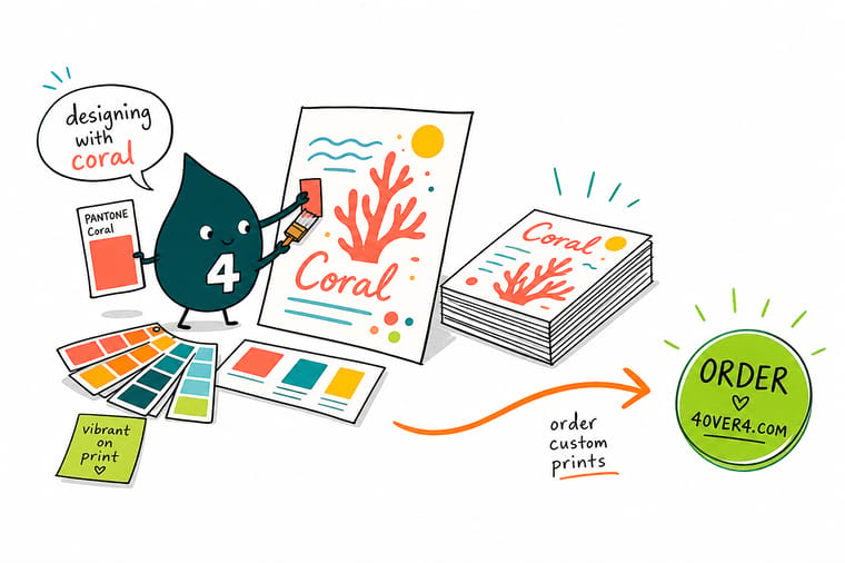 Wally from 4OVER4 holding a coral Pantone chip next to a printed business card and comparing the two under daylight