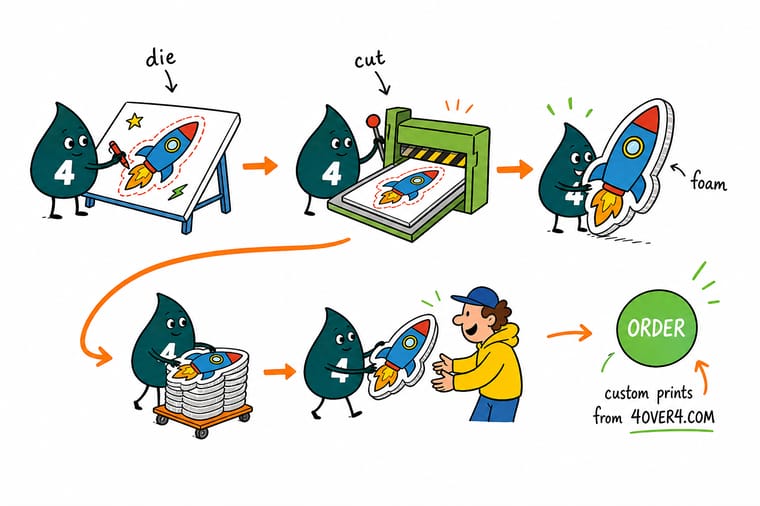 Wally, the 4OVER4 mascot with a 4, guiding a cutting head around a custom shape on a printed foam board while the white core shows along the fresh edge