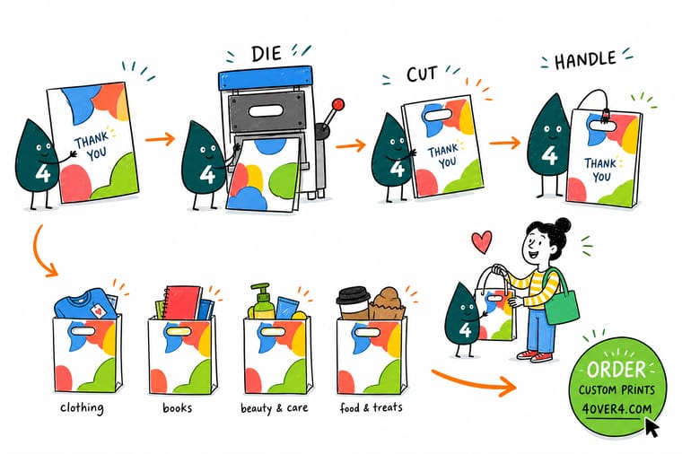 Wally, the 4OVER4 mascot with a 4, folding the top of a paper bag down twice, gluing it, and punching an oval handle through the folded hem