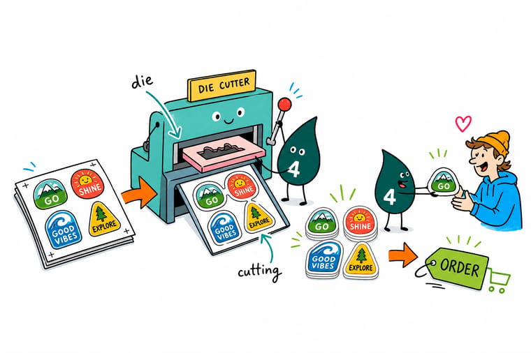 Wally, the 4OVER4 mascot holding a 4, guiding a steel die over a printed sheet to cut a custom shape, showing how die cutting works