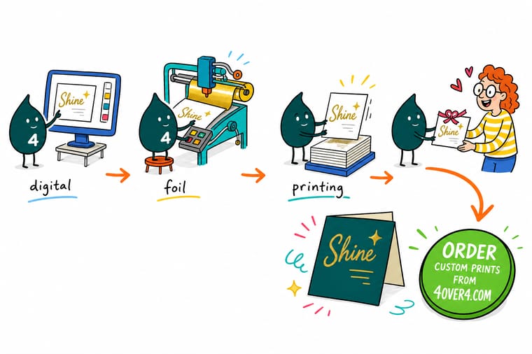 Wally, the 4OVER4 mascot with a 4, feeding a printed card and a roll of gold foil film between two heated rollers so the foil sticks only to the printed logo