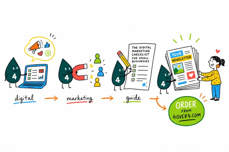 Wally, the 4OVER4 mascot with a 4, checking off a small business marketing checklist