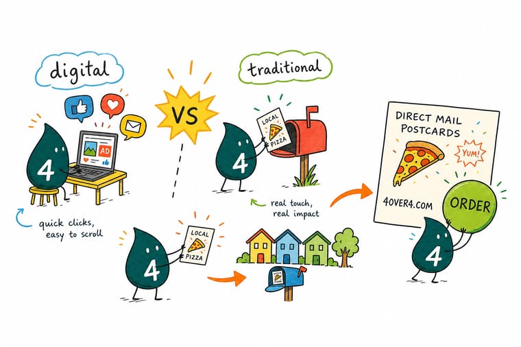 Wally, the 4OVER4 mascot with a 4, holding a printed postcard in one hand and a phone screen in the other to show digital and traditional marketing working together