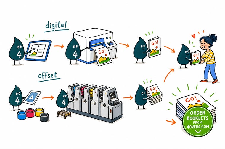 Wally, the 4OVER4 mascot holding a 4, weighing a digital booklet against an offset booklet on a scale to show which printing method wins