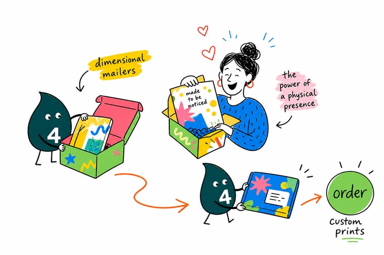 Wally from 4OVER4 opening a dimensional mail package holding a printed brochure and letter