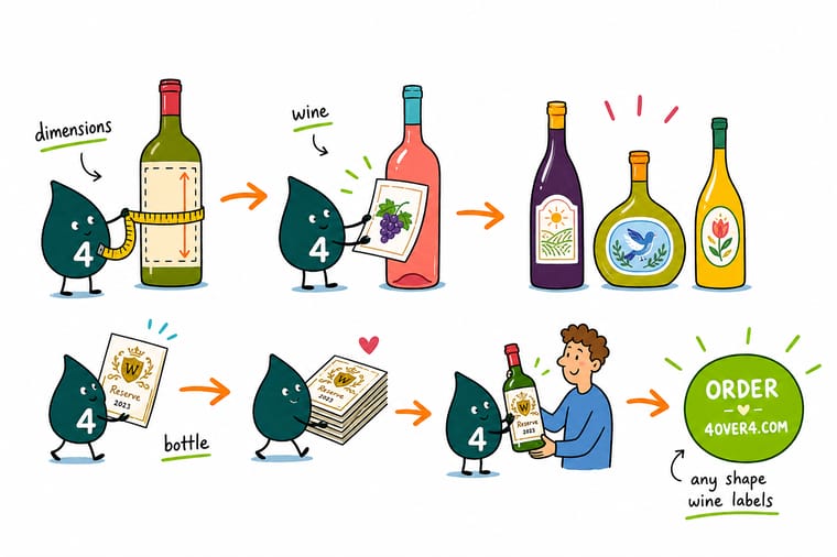 Wally, the 4OVER4 mascot with a 4, measuring a wine bottle with a tape to size the label right