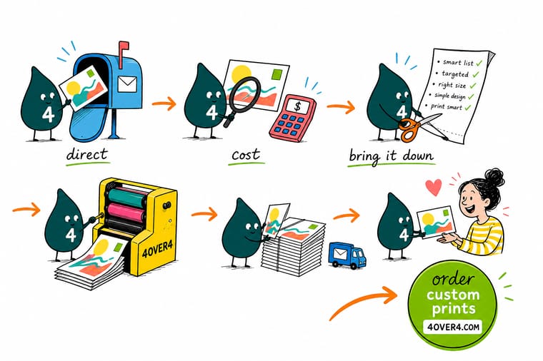 Wally, the 4OVER4 mascot with a 4, stacking five labelled blocks onto one postcard to show printing, postage, list, mail prep and design adding up to the cost per piece