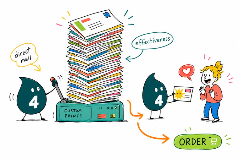 Wally the 4OVER4 mascot mailing a premium printed postcard that lands directly in a customer's hands