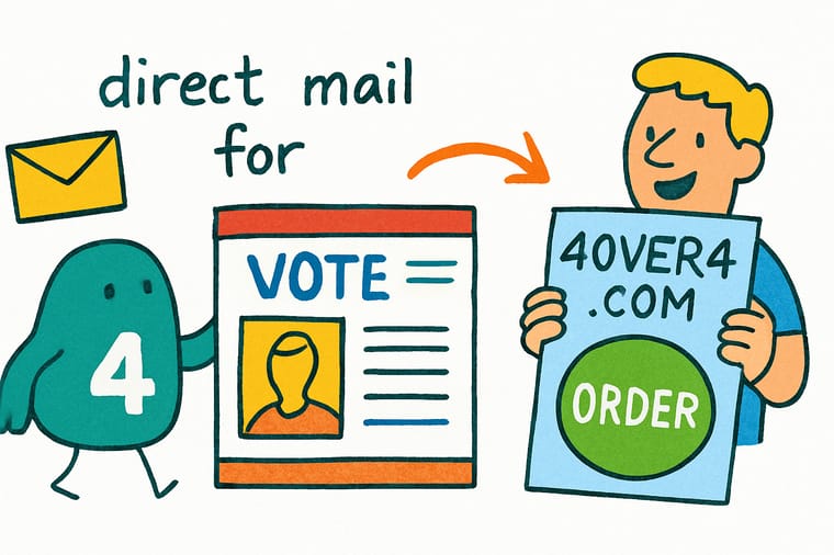 Wally, the 4OVER4 mascot with a 4, holding a campaign mailer against a wall calendar and counting the days backwards from Election Day to the print order date