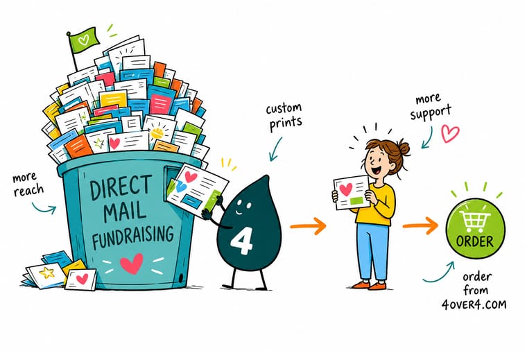 Wally the 4OVER4 mascot mailing a premium printed fundraising appeal that lands directly in a donor's hands