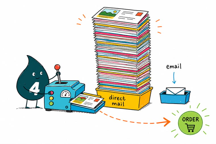 Wally the 4OVER4 mascot weighing a premium printed postcard against an email on a scale, with the postcard tipping the balance