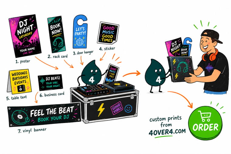 Wally, the 4OVER4 mascot holding a 4, laying out a DJ flyer, gig poster, die-cut sticker, event ticket, and banner as one loud matching bundle