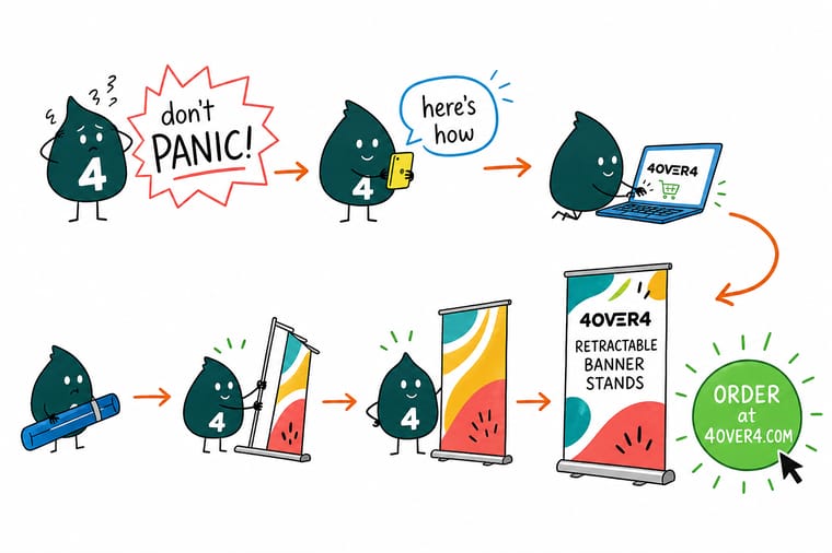 Wally, the 4OVER4 mascot holding a 4, calmly setting up a retractable banner stand at a trade show booth