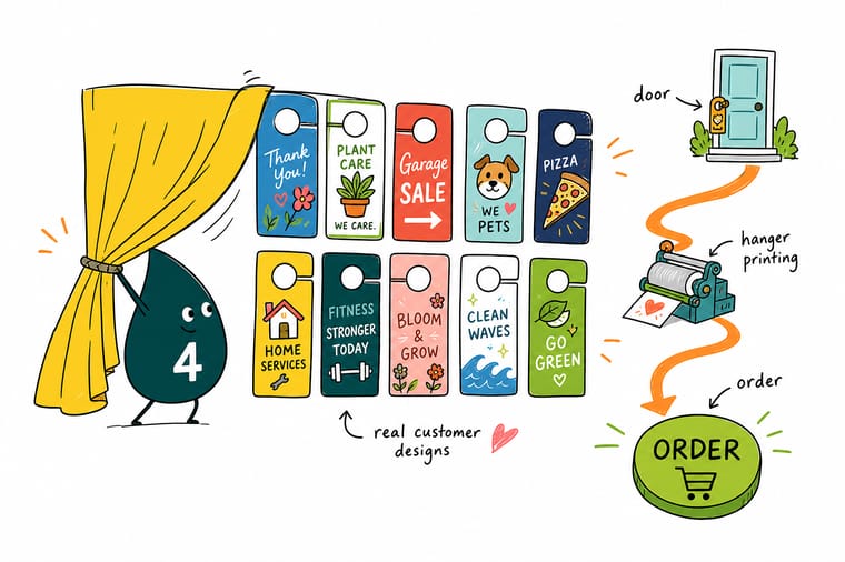 Wally the 4OVER4 mascot hanging a full-color door hanger on a front doorknob