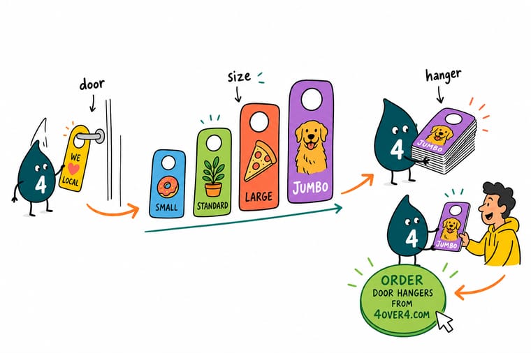 Wally, the 4OVER4 mascot with a 4, holding a measuring tape against small, medium and jumbo door hangers to compare their sizes