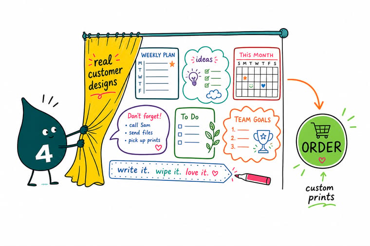 Wally the 4OVER4 mascot writing on a wall-mounted dry erase vinyl planner with a marker