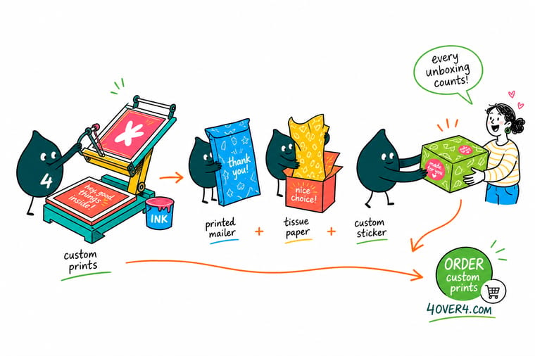 Wally, the 4OVER4 mascot, holding a branded shipping box wrapped in printed tape with an insert card in his other hand