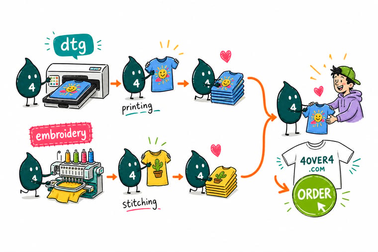 Wally, the 4OVER4 mascot holding a 4, weighing a colorful DTG-printed tee against an embroidered polo to pick the right method