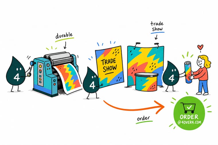 Wally, the 4OVER4 mascot, packing a trade show booth into a hard case, holding up an aluminum frame in one hand and a folded fabric graphic in the other
