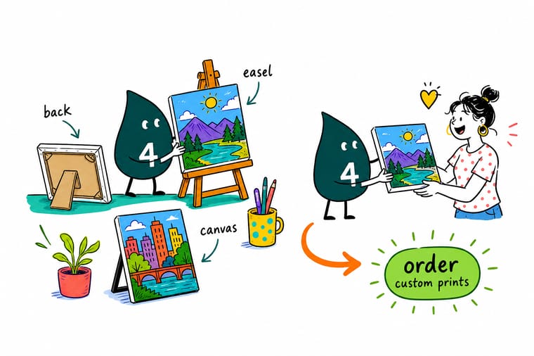 Wally from 4OVER4 setting a small easel back canvas print on a shelf beside books and a plant