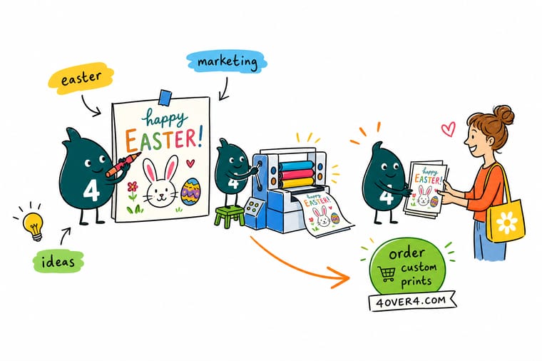 Wally from 4OVER4 hiding Easter deals across postcards, packaging, and stickers for a spring campaign