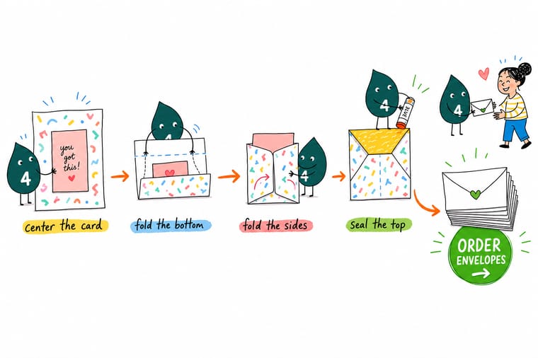 Wally, the 4OVER4 mascot with a 4, folding a sheet of paper into a custom envelope