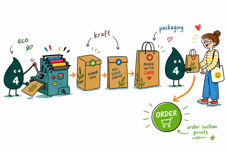 Wally, the 4OVER4 mascot, packing kraft business cards into a brown shipping box alongside a thicker card and a lenticular card
