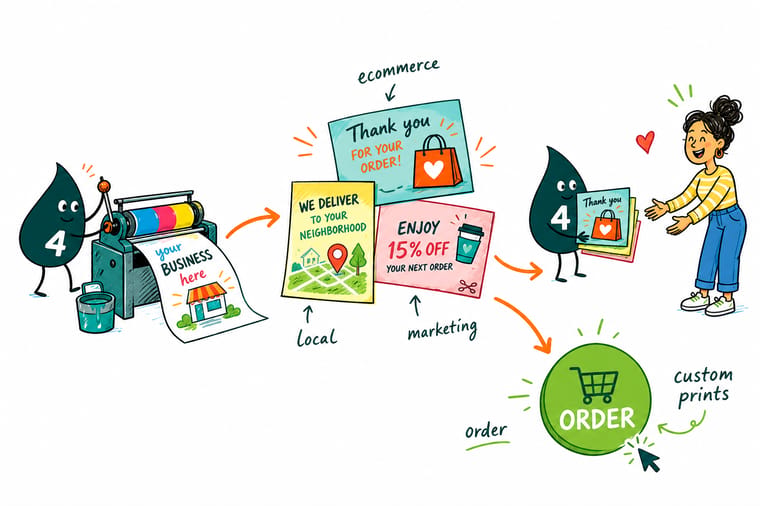 Wally, the 4OVER4 mascot, packing a printed thank you card into a shipping box beside a market banner and a branded charger