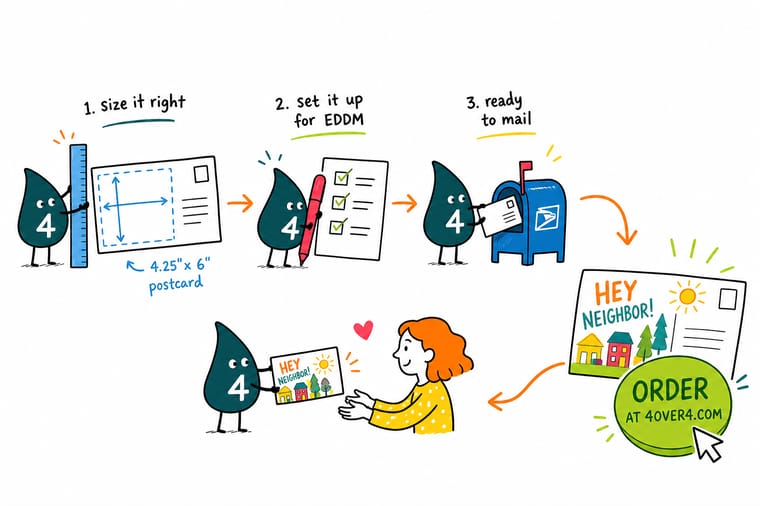 Wally, the 4OVER4 mascot with a 4, measuring a postcard against the EDDM flat-size ruler