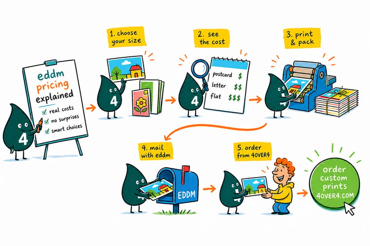 Wally, the 4OVER4 mascot with a 4, holding a carrier route map and adding up postage, printing and bundling on an EDDM drop
