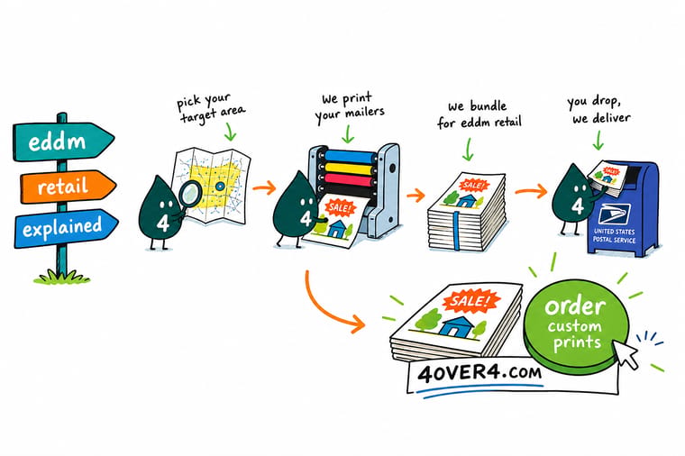 Wally, the 4OVER4 mascot with a 4, carrying bundled EDDM postcards to a Post Office counter with a route map under his arm