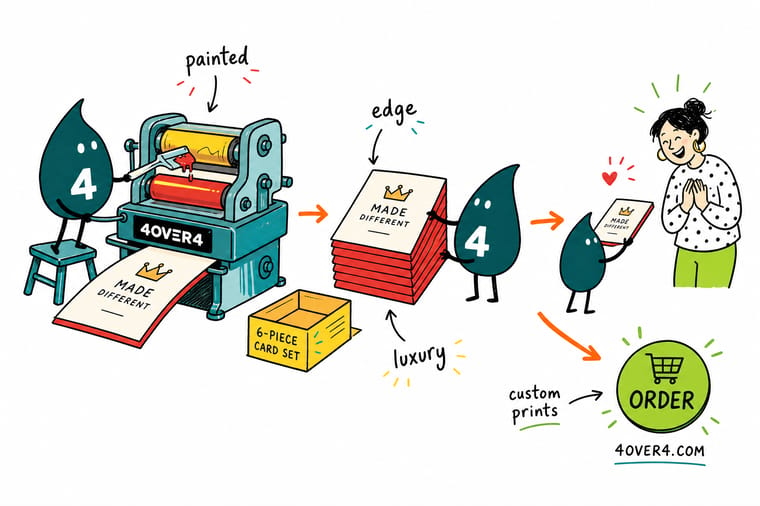 Wally, the 4OVER4 mascot, holding a thick business card sideways so the painted color band along its cut edge faces the viewer