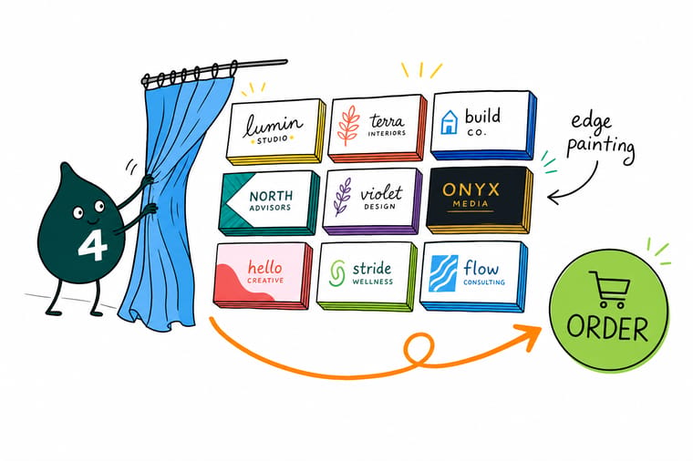 Wally, the 4OVER4 mascot holding a 4, painting a bright band of color along the edge of a stacked run of thick business cards