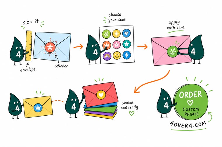 Wally, the 4OVER4 mascot with a 4, centring a round sticker seal on the point of an invitation envelope flap