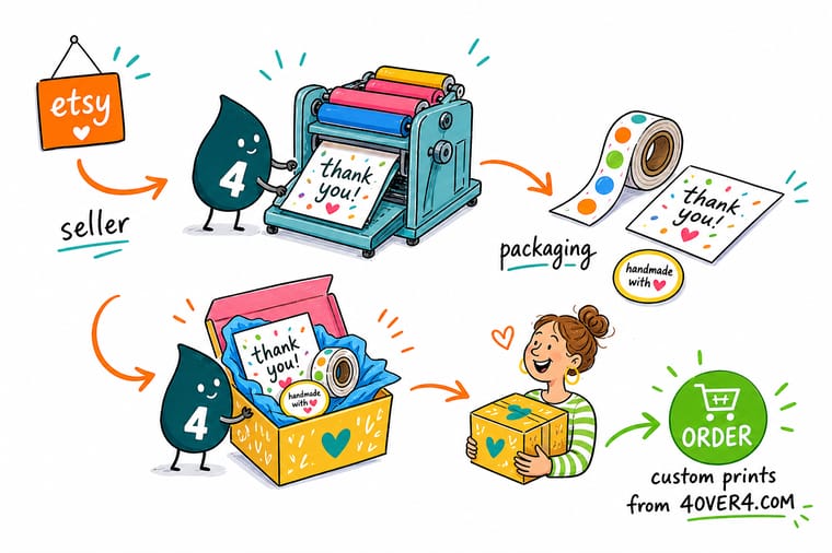 Wally, the 4OVER4 mascot, packing an online order into a printed box sealed with branded tape