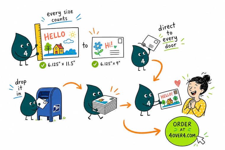 Wally, the 4OVER4 mascot with a 4, measuring an EDDM postcard against the USPS size window