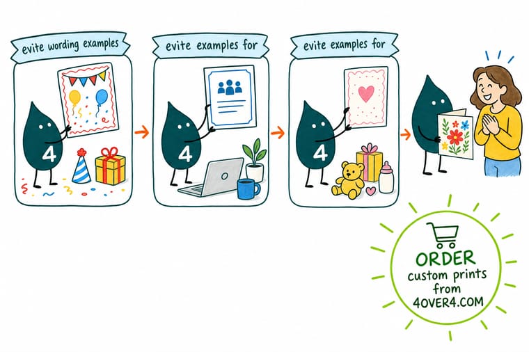 Wally, the 4OVER4 mascot with a 4, sending an invitation from a phone and mailing the same design as a printed card with a QR code on the back