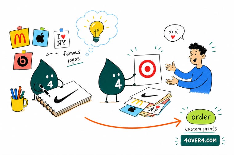 Wally from 4OVER4 sketching simple logo shapes on a notepad beside a stack of freshly printed business cards