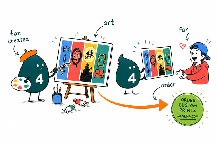 Wally from 4OVER4 redrawing a TV screenshot as a flat vector symbol poster and checking the margins before printing
