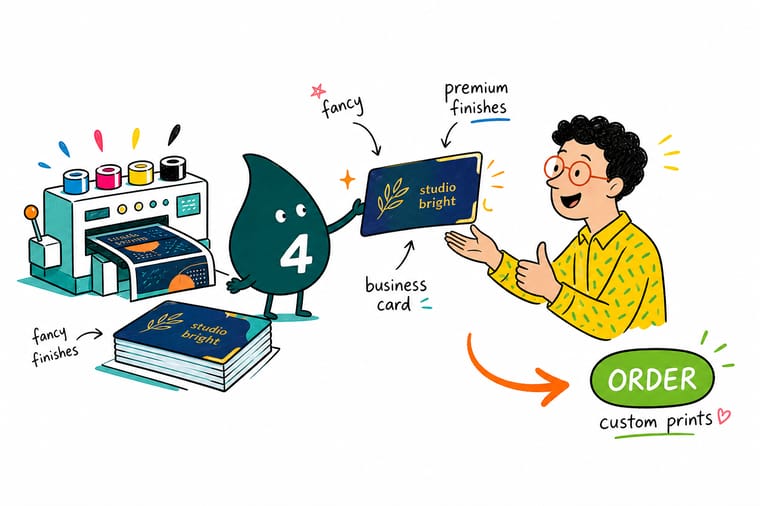 Wally from 4OVER4 holding a raised foil business card up to the light while a suede card rests in his other hand