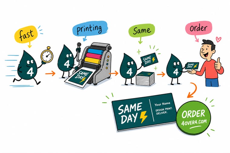 Wally, the 4OVER4 mascot holding a 4, racing a clock while a same-day print order clears the cutoff and ships