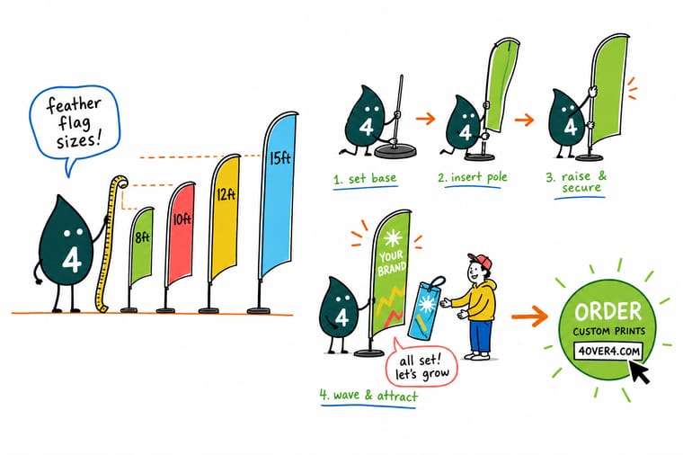 Wally, the 4OVER4 mascot with a 4, holding a tape measure against a feather flag while the pole and spike base add height underneath it