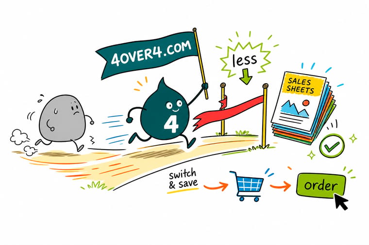 Wally the 4OVER4 mascot speeds past a grey competitor blob to the finish ribbon holding the 4OVER4.COM flag and a lower price tag for sales sheet printing, the winner